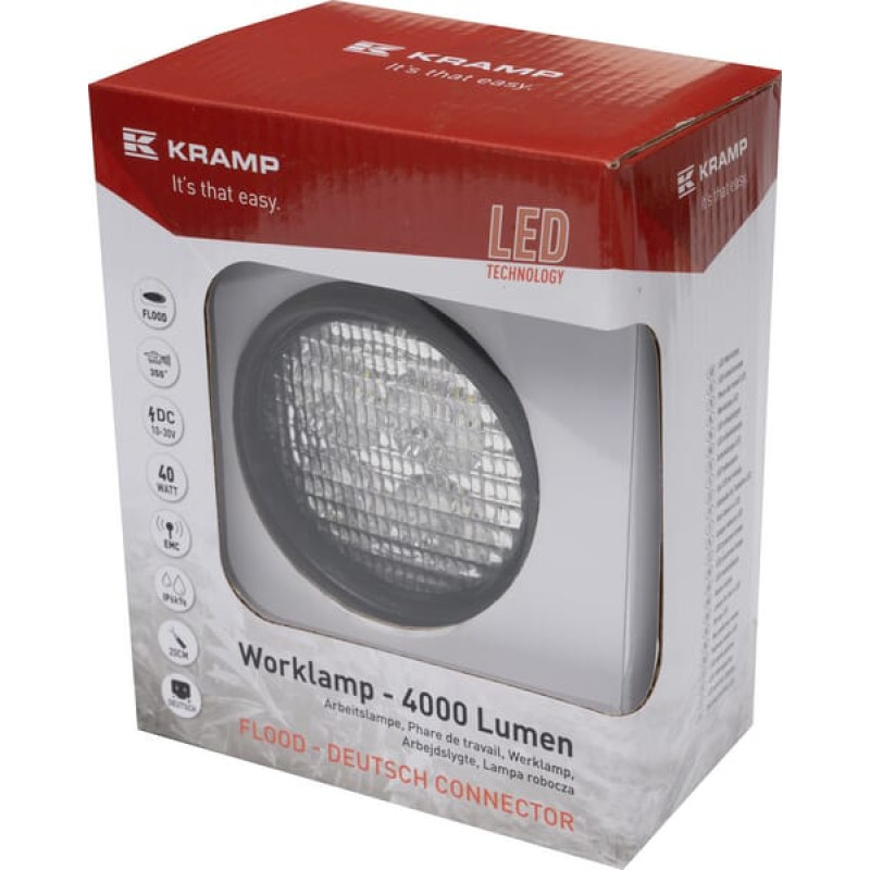 Kramp Work light LED, 40W, 4000lm, round, white, 10/30V, AMP plug, 4 LED's, 360 degrees, LA10551