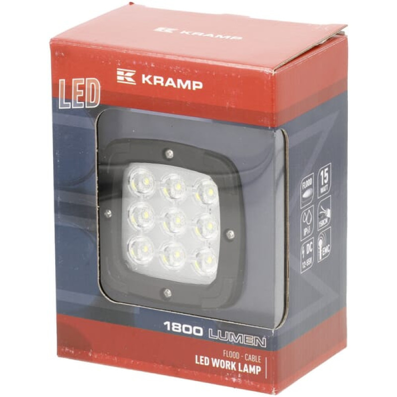 Kramp Darba gaismas LED, 15W, 1800lm, kvadrātveida, 12-36V, 123x74x100mm, plūdi, 9 LED, LA10098